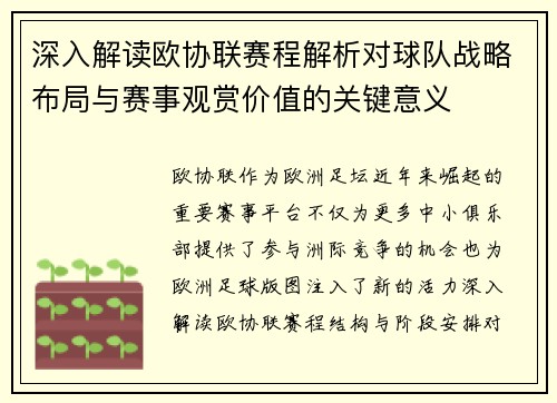 深入解读欧协联赛程解析对球队战略布局与赛事观赏价值的关键意义